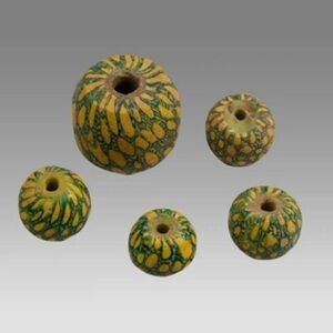 5 Large Indonesia, Java Manik Sayul Green Yellow Mosaic Glass Beads